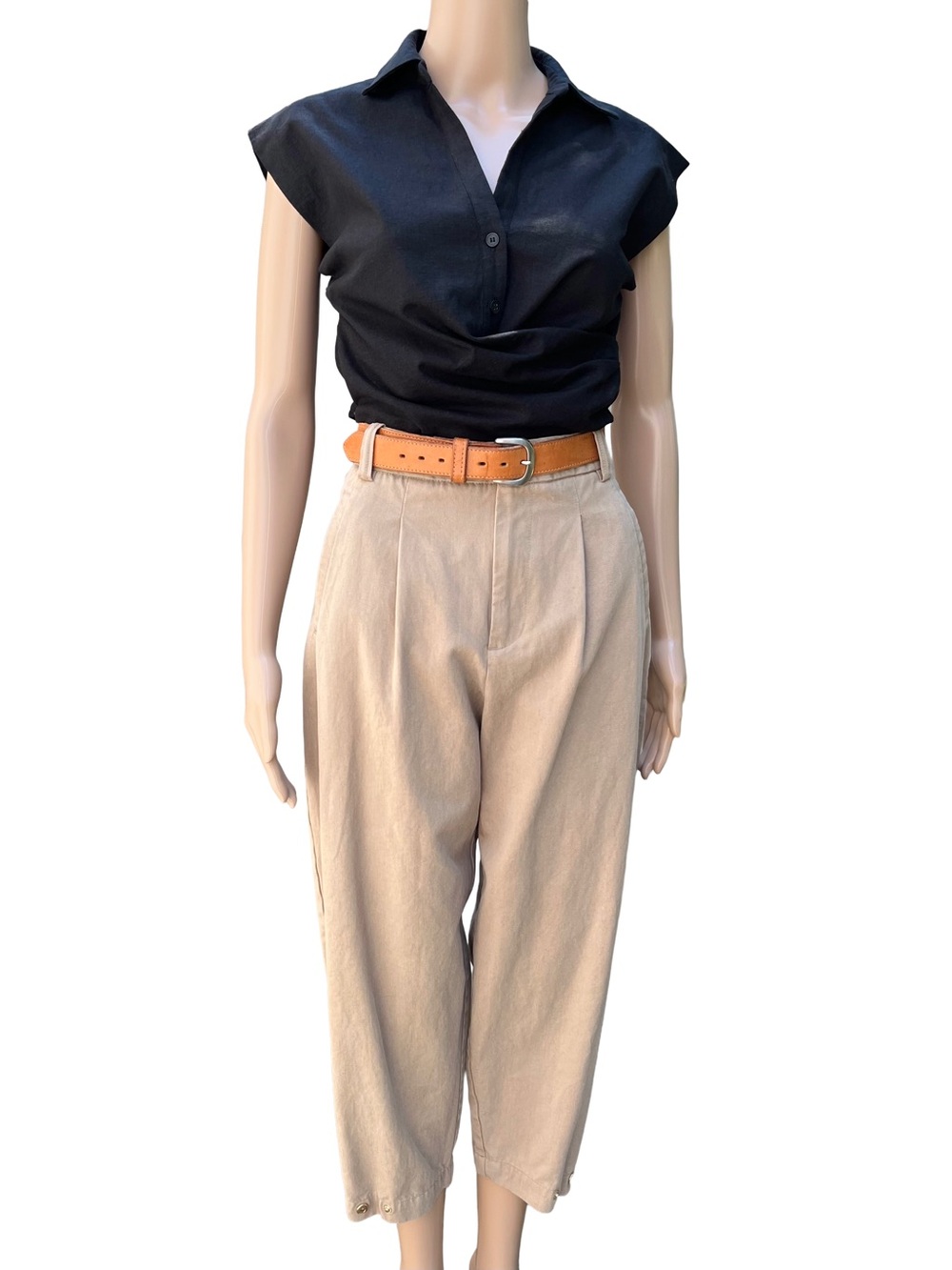Zara Pleated Barrel Leg Pants Beige Lyocell Blend S